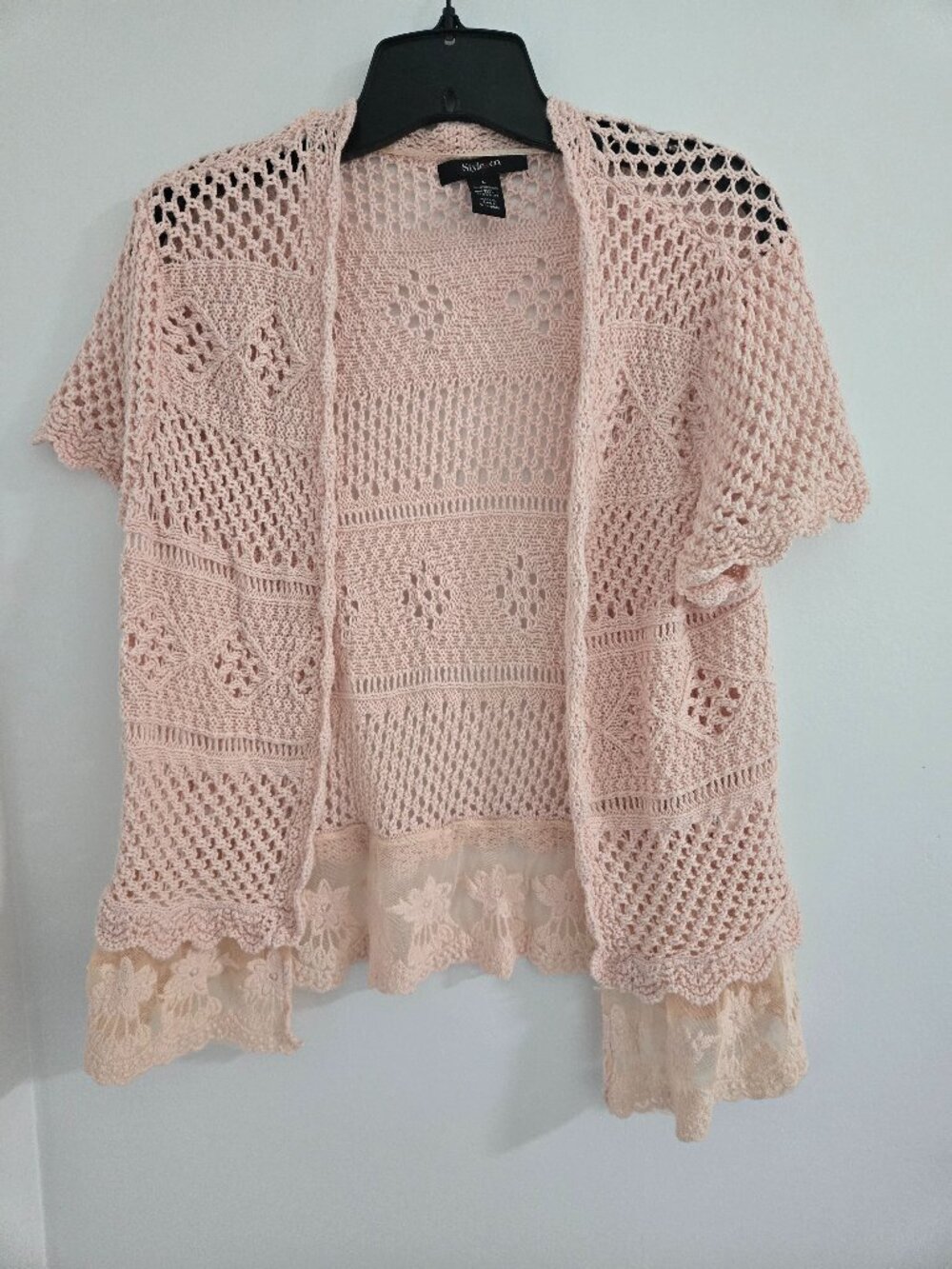 Style & Co. Size L Pale Pink 100% Cotton Open Front Knit Lace Hem Cardigan Chic
